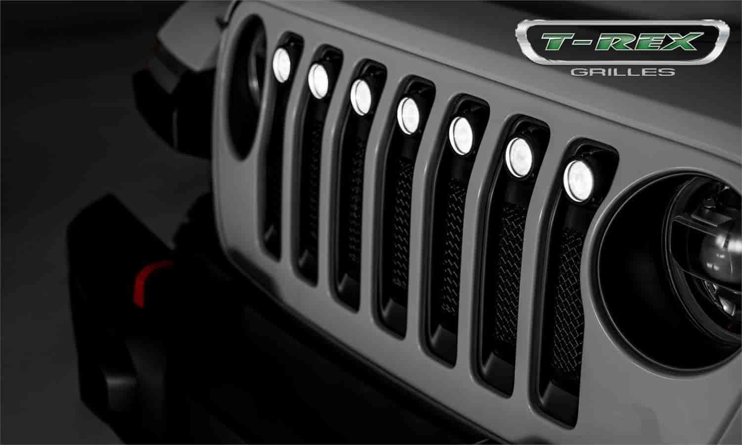 Jeep Gladiator T-Rex Grilles, JL Torch Grille, Black, 1 Pc, Insert with (7) 2 Inch LED Round Lights, Does Not Fit Vehicles with Camera - PN #6314941