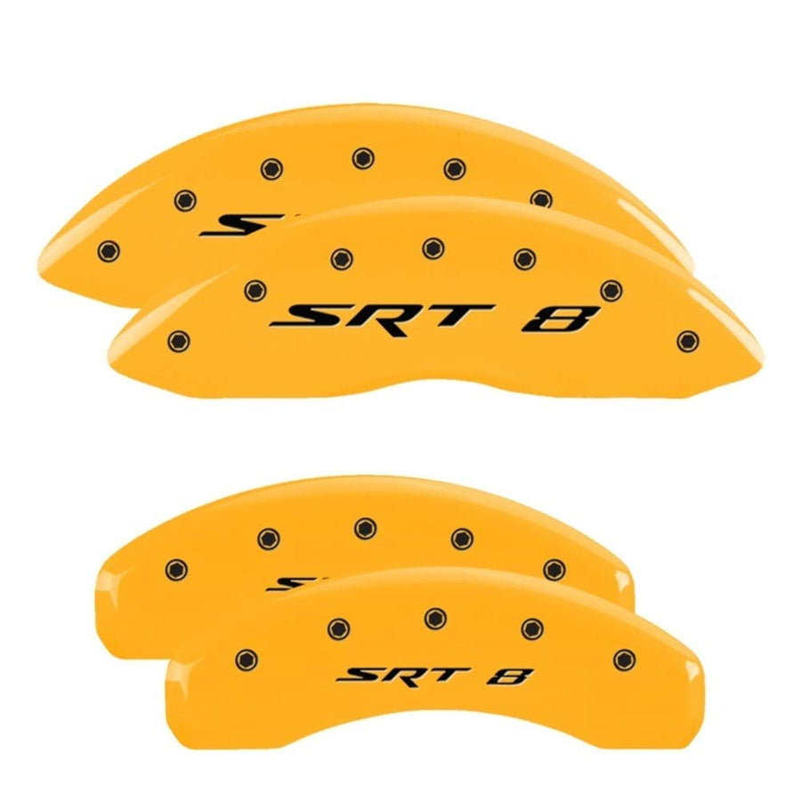Brake Caliper Covers MGP Compatible with Jeep Grand Cherokee 2011-21, WK 2022 (Requires 17"+ Wheels) Red Powder-Coated Finish, Engraved Black SRT 8 Logo, Front and Rear Caliper Covers (Set of 4)
