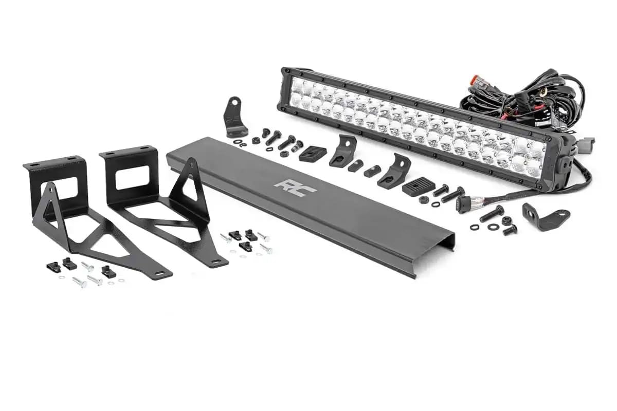 20" Rough Country Dual Row LED Light Bar Kit for Ford F250/F350 Super Duty (2005-2007) - 20-in Chrome Series LED Bar, White DRL