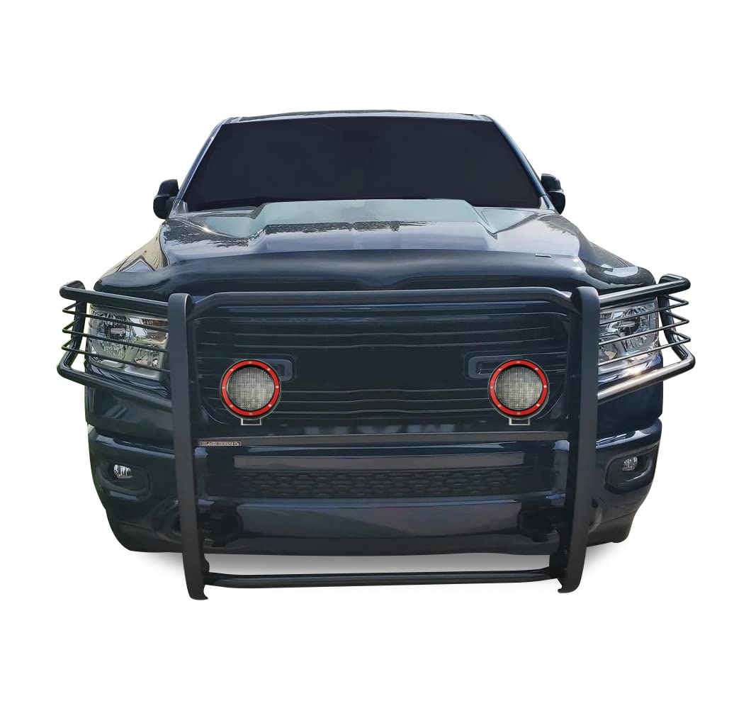 Bumper Guard Modular Black Black Horse Grille Brush Come with Pair of 5.3" Dia.LED Lights with Red Trim Rings Compatible with 2019-2024 Ram 1500-17DG111MA-PLFR