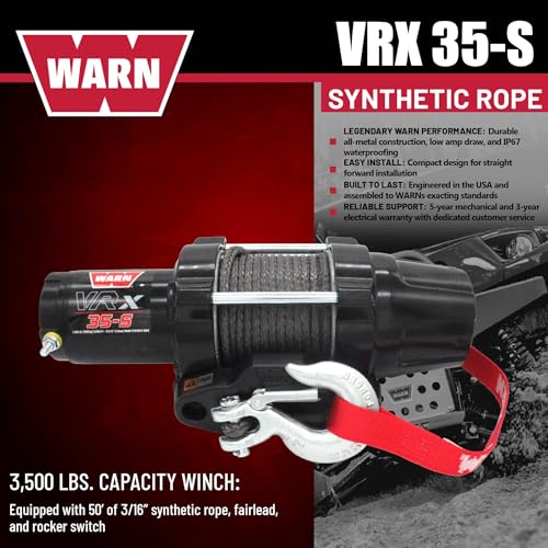 VRX 35-S WARN Powersports Winch with Handlebar Mounted Switch and Synthetic Rope: 3/16" Diameter x 50' Length, 1.75 Ton (3,500 lb) Capacity