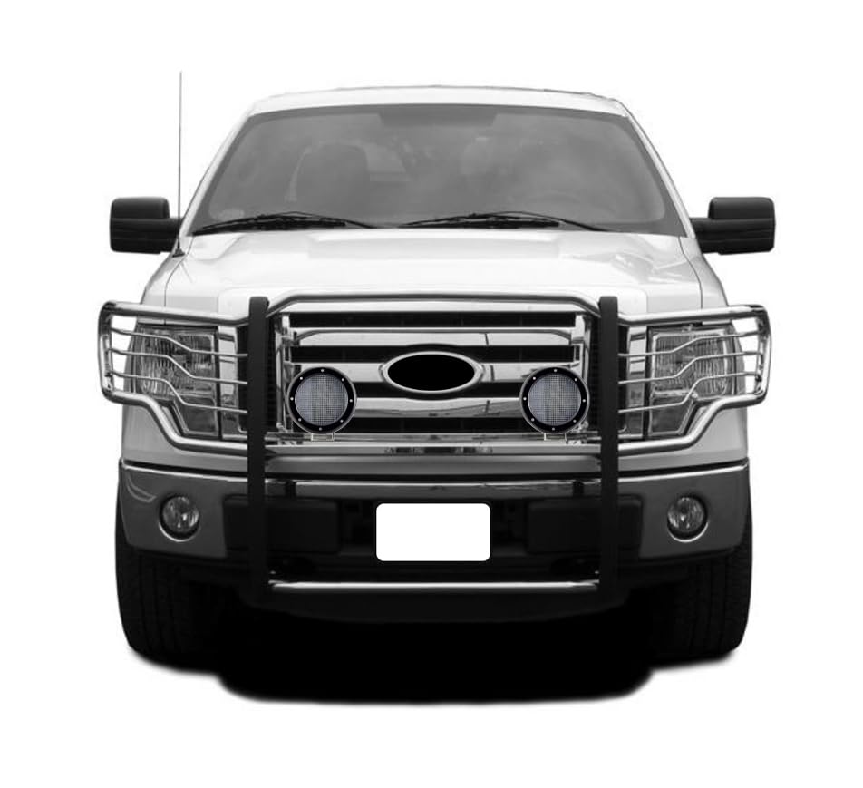 Bumper Guard Black Horse Grille Brush Modular Stainless Steel Come with Pair of 5.3" Dia.LED Lights with Black Trim Rings Compatible with 2009-2014 Ford F-150-17FP30MSS-PLFB