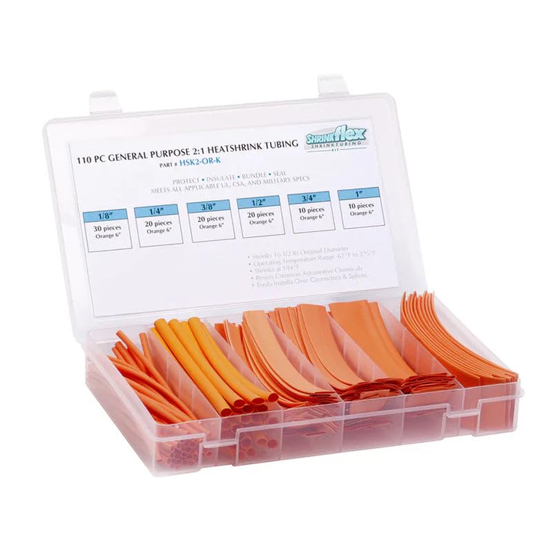 TUBING KIT: Shrink 110 PCS, 6" Lengths, 6 Sizes(1/8" to 1"), 2:1 Heat Shrink TUBING, Orange