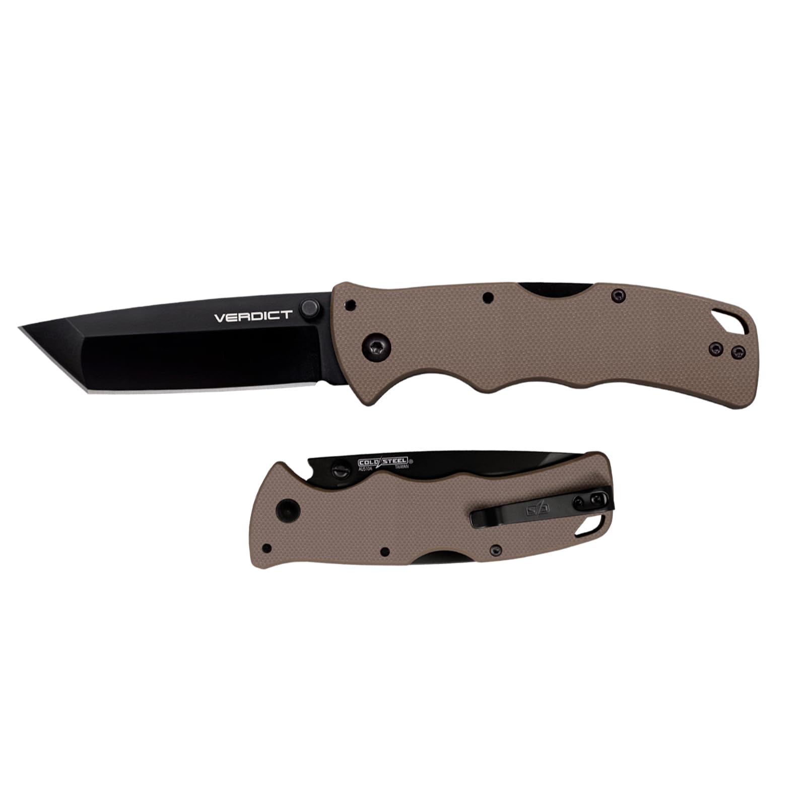 3" Cold Steel Verdict AUS10A Tanto Point Blade 4.25" G-10 FDE Handle Everyday Carry Tactical Folding Knife with Tri-Ad Lock