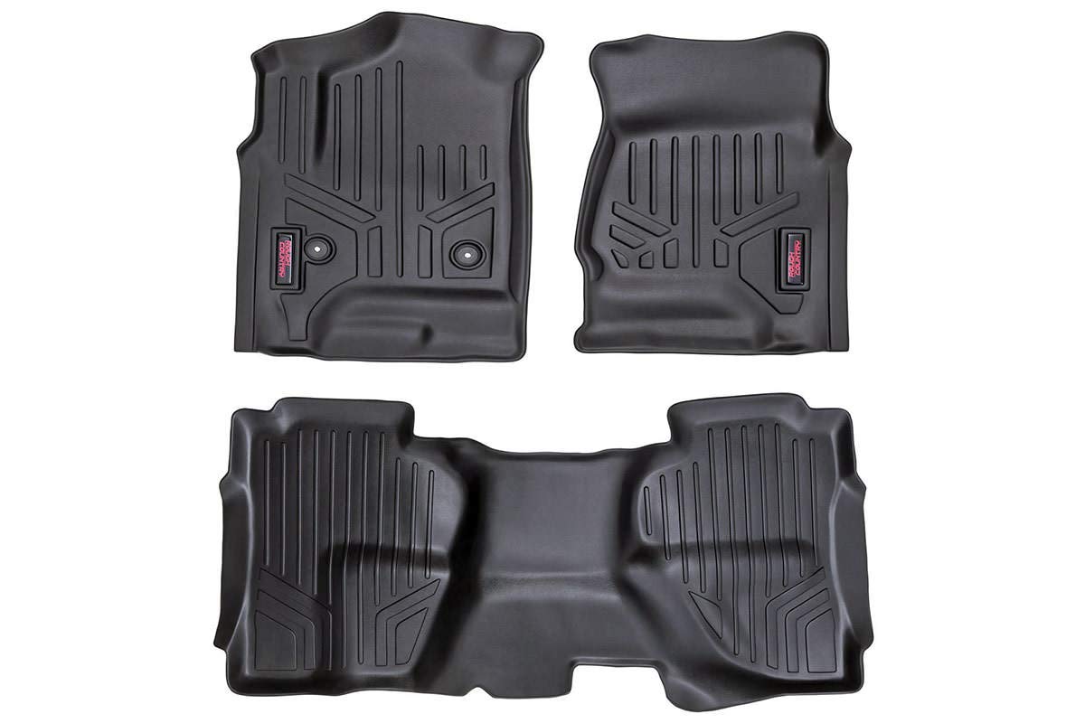 Rough Country All Weather Floor Mats for GMC Sierra & Chevy Silverado 1500/2500HD/3500HD Double Cab (2014-2019) - Non-Slip Waterproof Flexible Floor Mat, Front & Rear Set