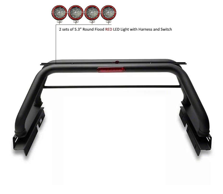 Classic Black Horse Roll Bar Incl. Set of 5.3" Dia.Led Lights w/Red Trim Rings Compatible with 2005-2024 Toyota Tacoma-RB006BK-PLFR