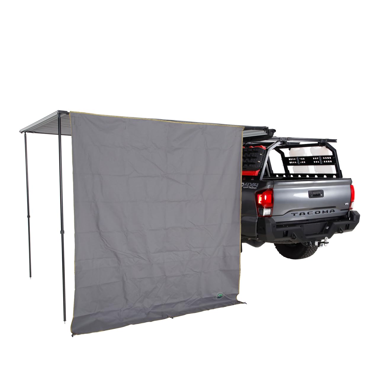 Nomadic 6.5’ Awning Overland Vehicle Systems HD Side Shade Wall - 280G Poly Cotton Rip Stop Grey Body, Green Trim - Velcro Attachment - Included Storage Bag