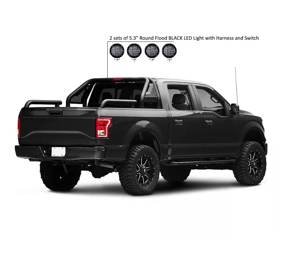Gladiator Roll Bar Black Horse Incl. Set of 5.3" Dia.LED Lights Modular Black Compatible with Universal Roll Bar for 1/2 Ton Trucks (GM-Ford-Dodge- Tundra) -GLRB-01B-PLFB
