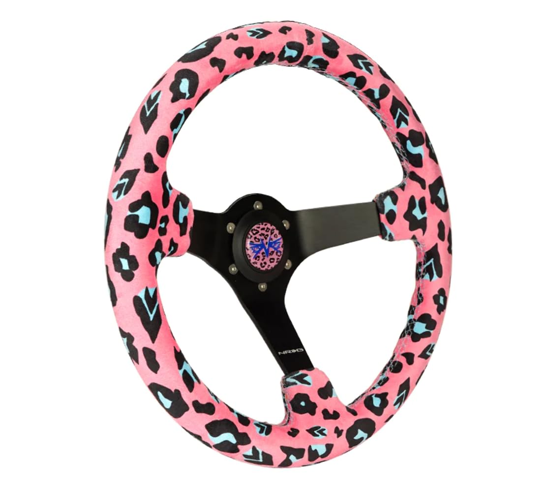 NRG Innovations Reinforced NRG-RST-036MB-SV-PK Sport Steering Wheel 350mm (3' deep) Savage Pink Leopard Printed Micro Fiber Vegan Material with Matte Black Spoke