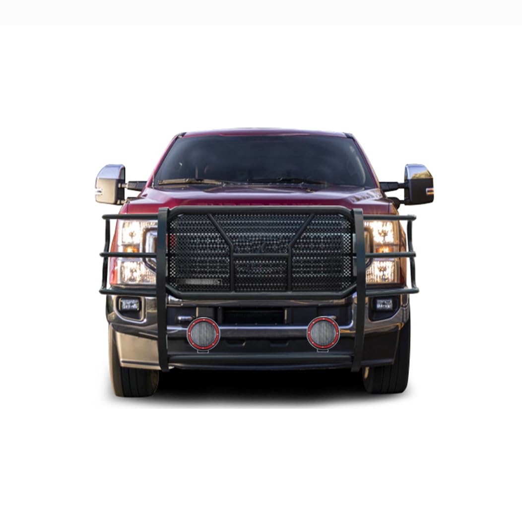 RUGGED HD Black Horse Grille Brush Bumper Guard Modular Come With Pair of 5.3"LED Light with Red Trim Ring Compatible with 2017-2022 Ford F-250/Ford F-350/Ford F-450/Ford F-550 Super Duty-B-PLFR