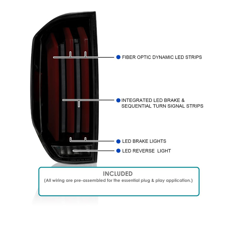 Full LED Strip Tail Lights SPEC-D TUNING w/Red Sequential LED Light Bars and Startup Animation Glossy Black Smoke Compatible with 2014-2021 Toyota Tundra, Left + Right Pair Assembly