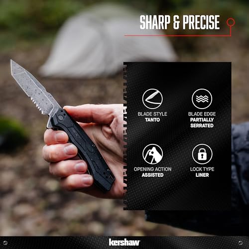 Kershaw Pocket Knife Analyst, Black Design, 3.25 Inch Stainless Steel Tanto Partially Serrated Blade, EDC with Assisted Opening, 4-Position Pocketclip, Everyday Carry Pocket Knife for Men and Women