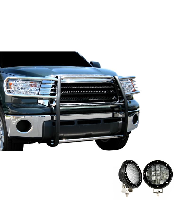 Bumper Guard Black Horse Grille brush Modular Stainless Steel Come with Pair of 5.3"Led Lights with Black Trim Rings Compatible with 2008-2022 Toyota Sequoia|2007-2021 Toyota Tundra-17A098900MSS-PLFB