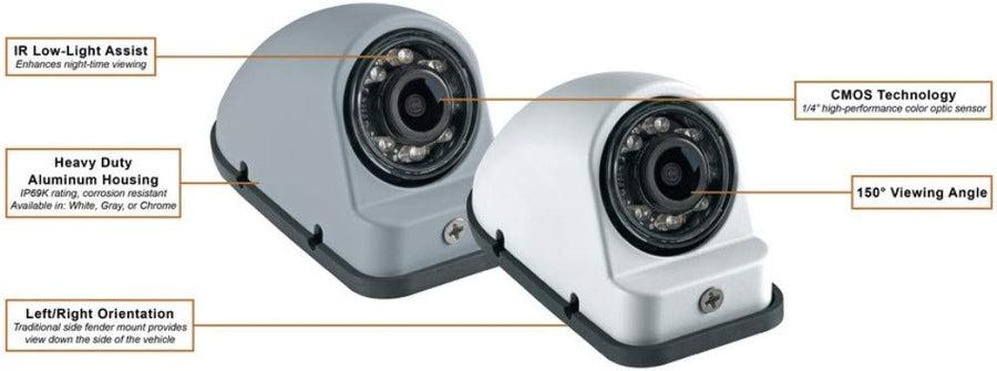 VCMS50RGP Voyager Color CMOS IR LED Right Side Camera, Gray Primer Color, 1/4" Sensor, Built-in Microphone, NTSC Video Output Signal Format, Mirror (Reversed) Image Orientation, 12V Power, Waterproof