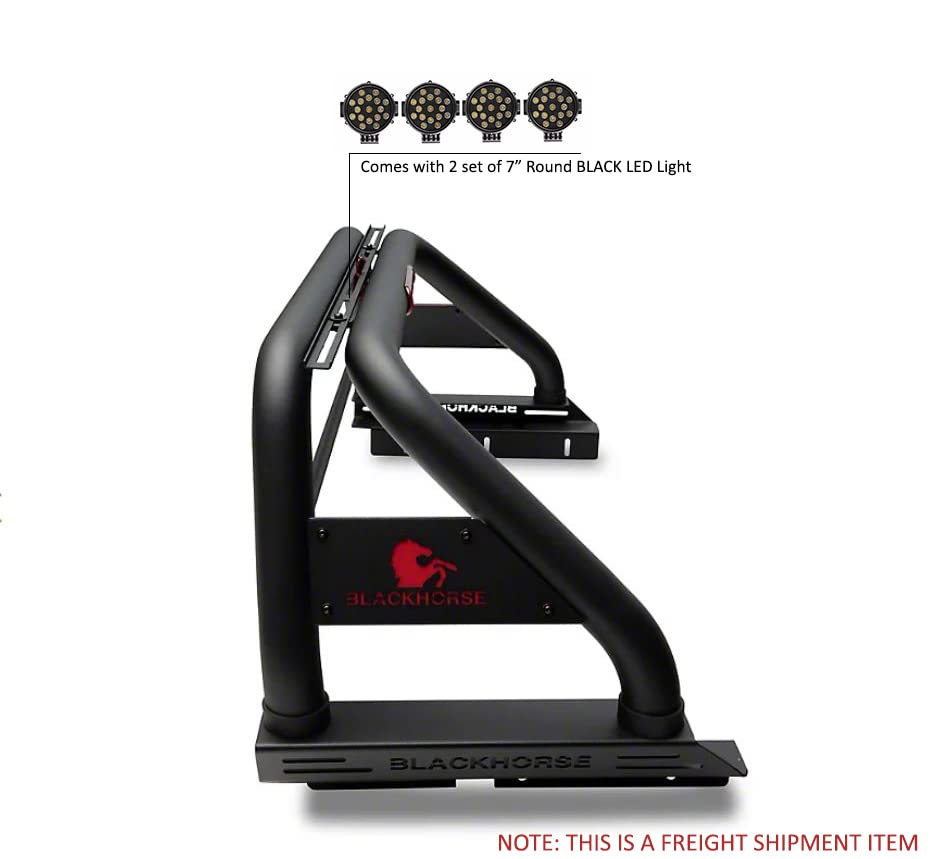 Classic Black Horse Roll Bar incl. Pair of 7.0" Dia. LED Lights w/Black Trim Rings Compatible with 2019-2024 Ford Ranger-RB08BK-PLB