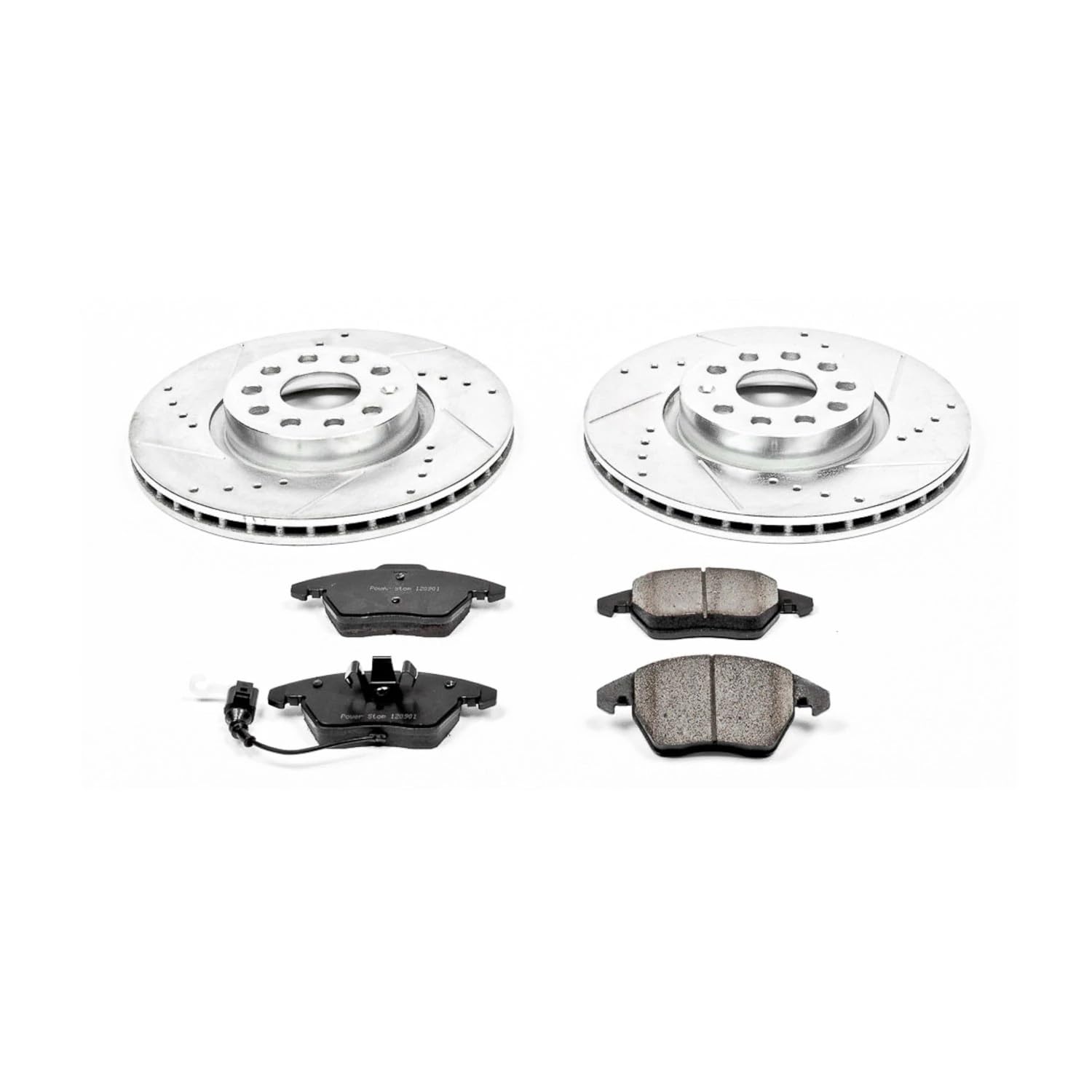 Power Stop K2259 Z23 Carbon Fiber Brake Pads with Drilled & Slotted Brake Rotors Kit For A3, A3 Quattro, TT, TT Quattro, VW Beetle, VW CC, VW Eos, VW GTI, VW Jetta, VW Passat [Model Specific]