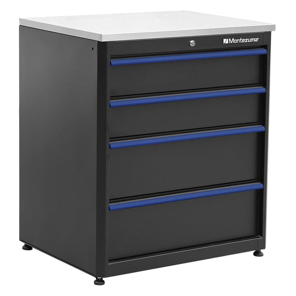 Garage Tool Storage System Montezuma - 30.5 x 24" Locking 4 Drawer Workbench with Ball Bearing Slides & Stainless Steel Worktop - BKMG30244BC