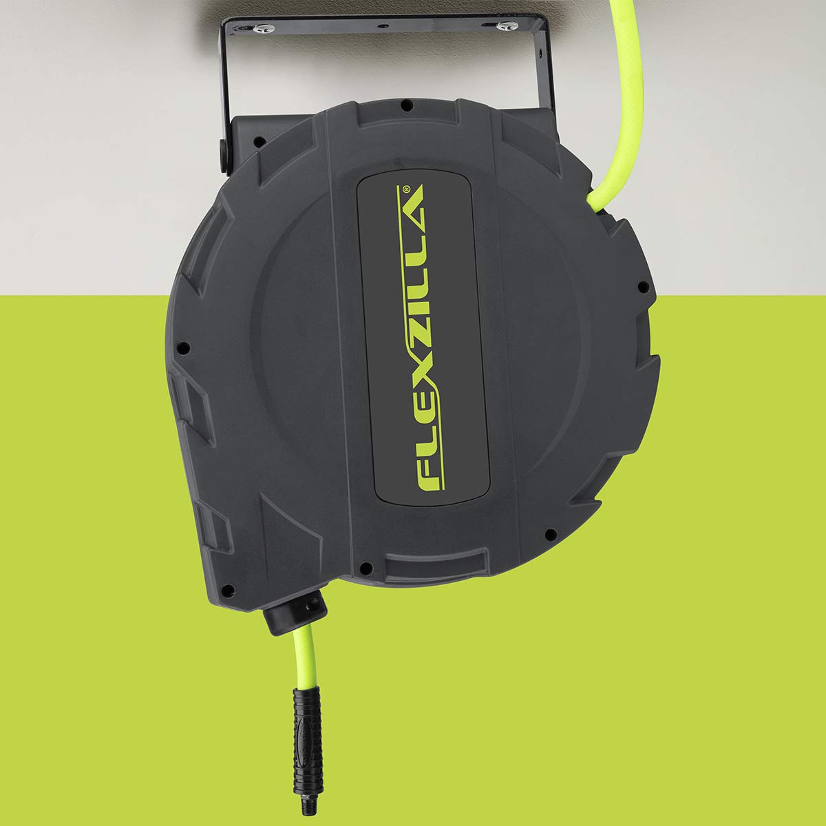 Retractable Flexzilla Enclosed Plastic Air Hose Reel, 3/8 in. x 30 ft, Heavy Duty, Lightweight, Hybrid, ZillaGreen - L8232FZ