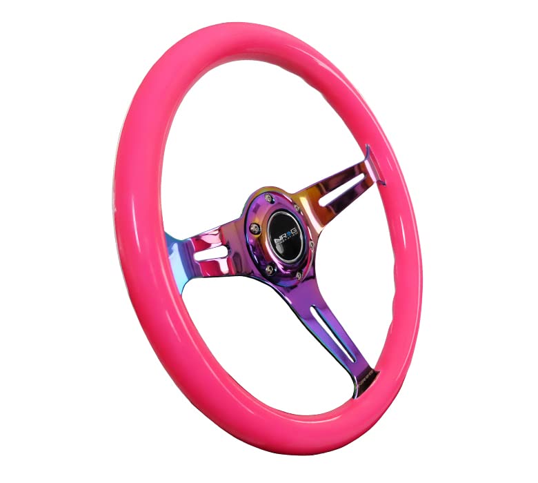 NRG Innovations Classic Wood Grain Steering Wheel NRG-ST-015MC-NPK, 350mm 3 Neochrome Spokes-Neon Pink Color