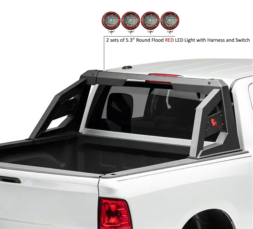 Roll Bar Black Horse Armour Incl. Set of 5.3" Dia.LED Lights w/Red Trim Rings Matte Black Compatible with 01-06 Chevrolet Silverado 3500|07-22 Silverado 3500 HD/GMC Sierra 3500 HD|07-24 Toyota Tundra