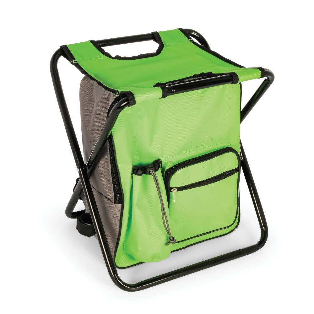 Camco Camping Folding Stool Backpack Cooler Trio- Bag with Waterproof Insulated Cooler Pockets and Sturdy Legs for Seating, Great for Travel- Green (51909)