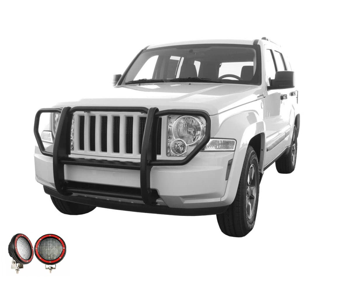 Grille Brush Black Horse Bumper Guard 1-Piece Black Come with Pair of 5.3" Dia.LED Lights with Red Trim Rings Compatible with 2008-2012 Jeep Liberty-17A086400A-PLFR