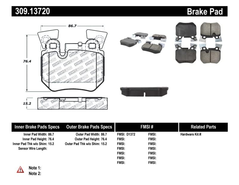 Sport Brake Pads StopTech 309.13720 with Shims and Hardware