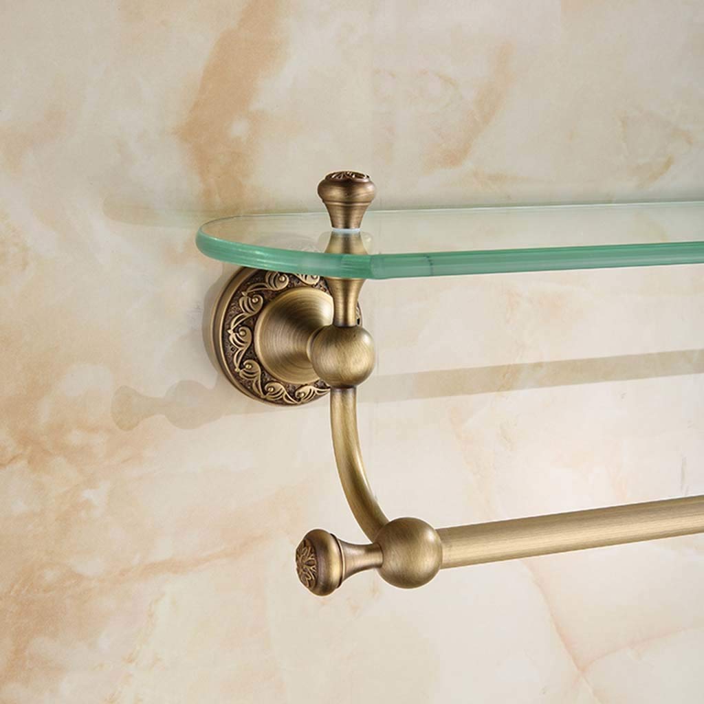 Glass Bathroom Rack With Towel Bar Single deck, Blue And White Porcelain Design，Brass, Brushed, Antique Bathroom Cosmetic Storage Rack Bathroom Shelf