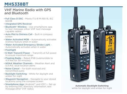 Floating, Handheld Uniden MHS338BT Marine VHF Radio, 6-Watts, GPS and Bluetooth, Submersible IPX8, Emergency Strobe & Flashlight, NOAA Weather Alerts, FM Radio, Chargeing Cradle & Li-ion Battery.