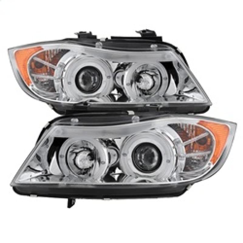 BMW E90 3-Series 06-08 4DR Spyder Projector Headlights - LED Halo - Amber Reflector - Replaceable Eyebrow Bulb - Chrome - High H1 (Included) - Low H7 (Included)