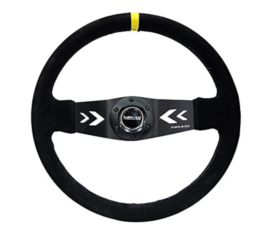 NRG Innovations Reinforced NRG-RST-022S-Y Steering Wheel Arrow Cut Out Two Spoke 350mm Sport Stereing Wheel Suede (3" Deep) Black Suede, Yellow Center Marking