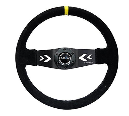 NRG Innovations Reinforced NRG-RST-022S-Y Steering Wheel Arrow Cut Out Two Spoke 350mm Sport Stereing Wheel Suede (3" Deep) Black Suede, Yellow Center Marking