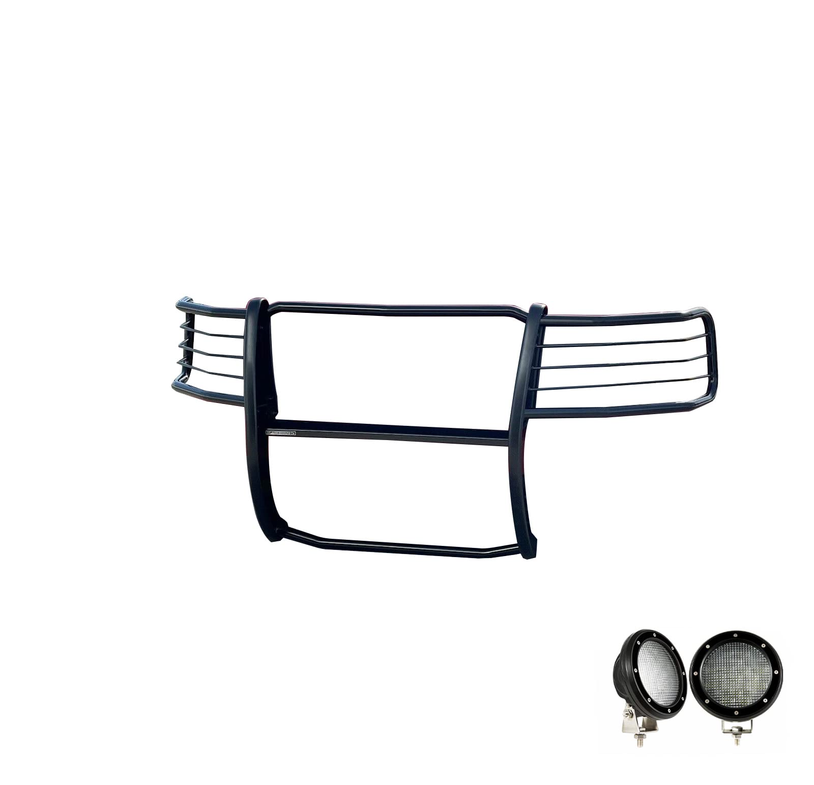 Bumper Guard Modular Black Horse Grille brush Come with Pair of 5.3" Dia.LED Lights with Black Trim Rings Compatible with 2019-2024 Ram 2500|2019-2024 Ram 3500-17DG113MA-PLFB