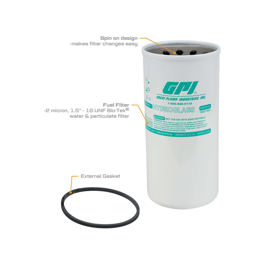 GPI Water and Particulate PW-40-2-1.5 Bio-Tek Filter for use with Fuel Transfer Pumps up to 40 GPM (151 LPM), 2 Micron, 1.5-16 UNF Thread (GPI Genuine Accessory 129340-05)