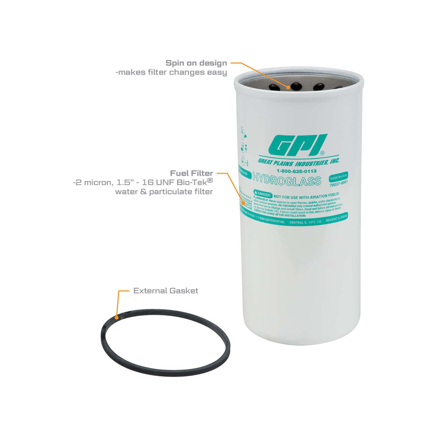GPI Water and Particulate PW-40-2-1.5 Bio-Tek Filter for use with Fuel Transfer Pumps up to 40 GPM (151 LPM), 2 Micron, 1.5-16 UNF Thread (GPI Genuine Accessory 129340-05)