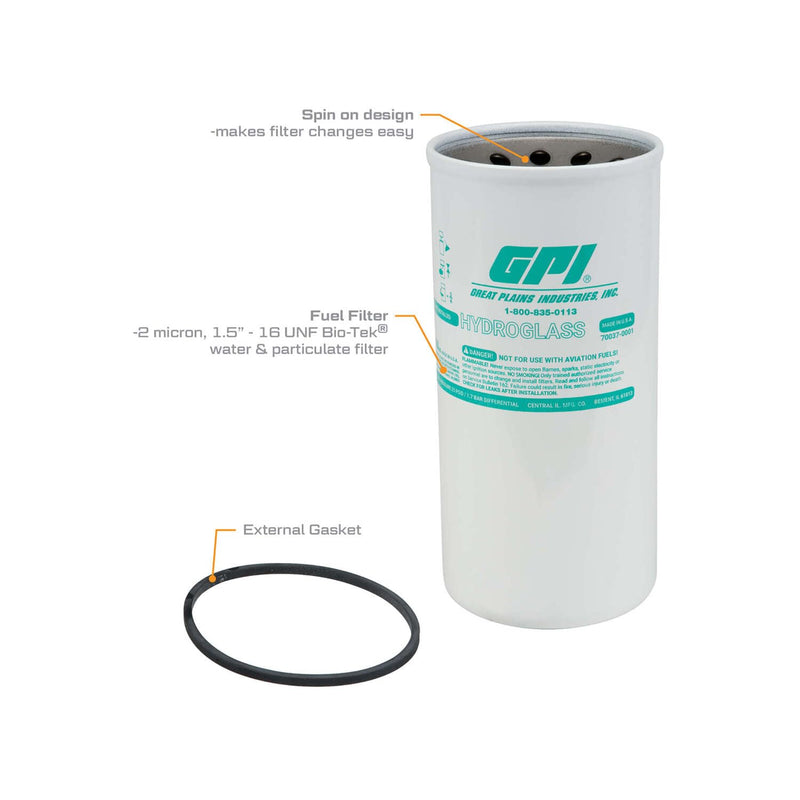 GPI Water and Particulate PW-40-2-1.5 Bio-Tek Filter for use with Fuel Transfer Pumps up to 40 GPM (151 LPM), 2 Micron, 1.5-16 UNF Thread (GPI Genuine Accessory 129340-05)