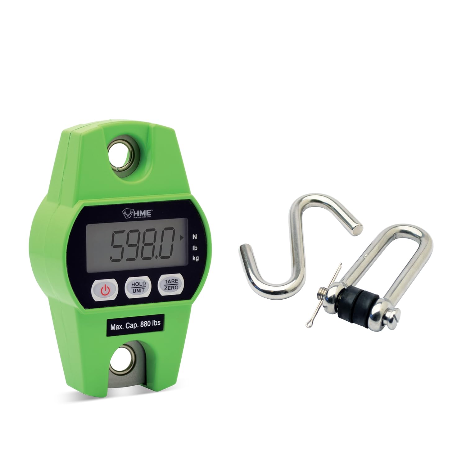 Durable HME Versatile Hunting Digital Hanging Scale w/Tare Function - 400 Kg/880 lb Max Weight, 2 Batteries Included, Iron Hook, Mode Function N/lb/kg