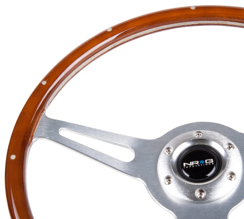 NRG Innovations Classic Wood Grain NRG-ST-380SL Steering Wheel, Brush Aluminum, 3 Spoke 365mm with Metal Insert