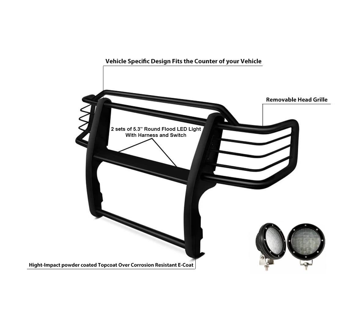 Grille Brush Black Horse Bumper Guard Modular Black Come with Pair of 5.3" Dia.LED Lights with Black Trim Rings Compatible with 1996-1998 Toyota 4Runner|1998-2000 Toyota Tacoma-17T80202MA-PLFB
