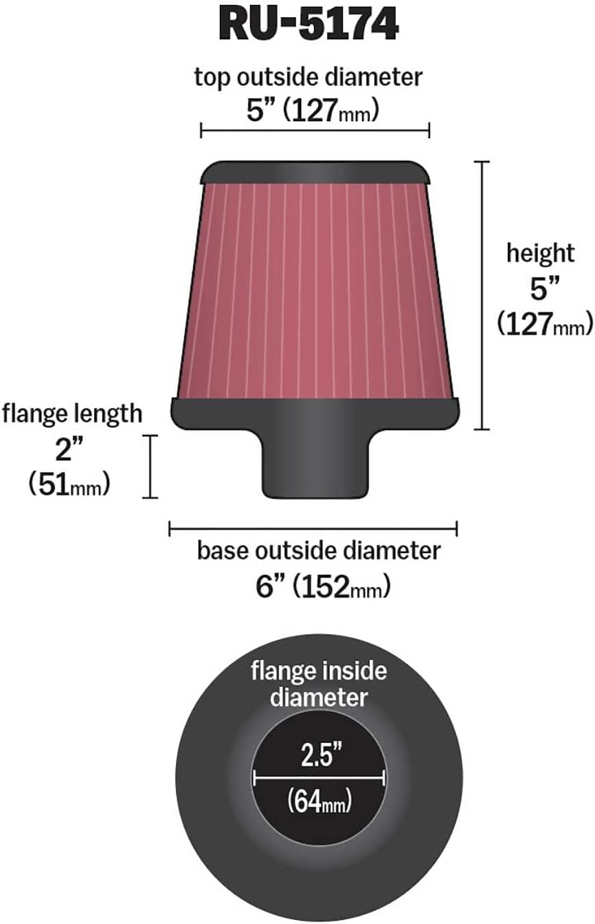 High-Flow K&N Original Lifetime Universal Clamp-On Air Filter: High Performance, Premium, Washable: Flange Diameter: 2.5 In, Filter Height: 5 In, Flange Length: 2 In, Shape: Round Tapered, RU-5174