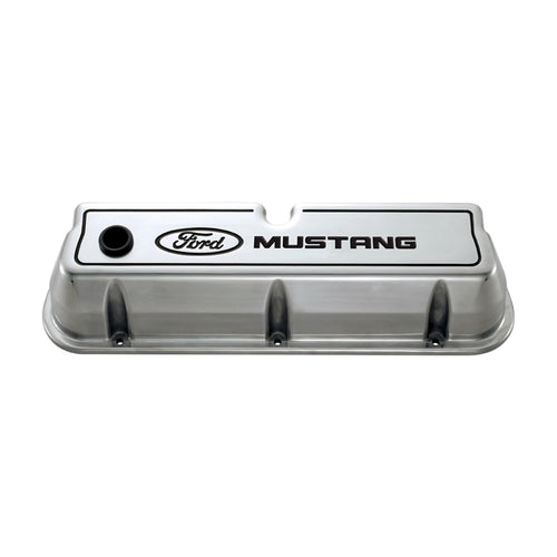 Tall Ford Valve Cover, Baffled, Breather Hole, Aluminum, Polished, Ford Mustang Logo, Small Block Ford, Pair