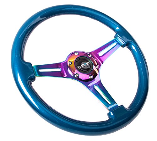 NRG Innovations Steering Wheel NRG-ST-015MC-BL - 350mm 25mm Deep Configuration, Classic Wood Grain Wheel, 3 Neochrome Spokes- Blue Pearl/Flake Paint