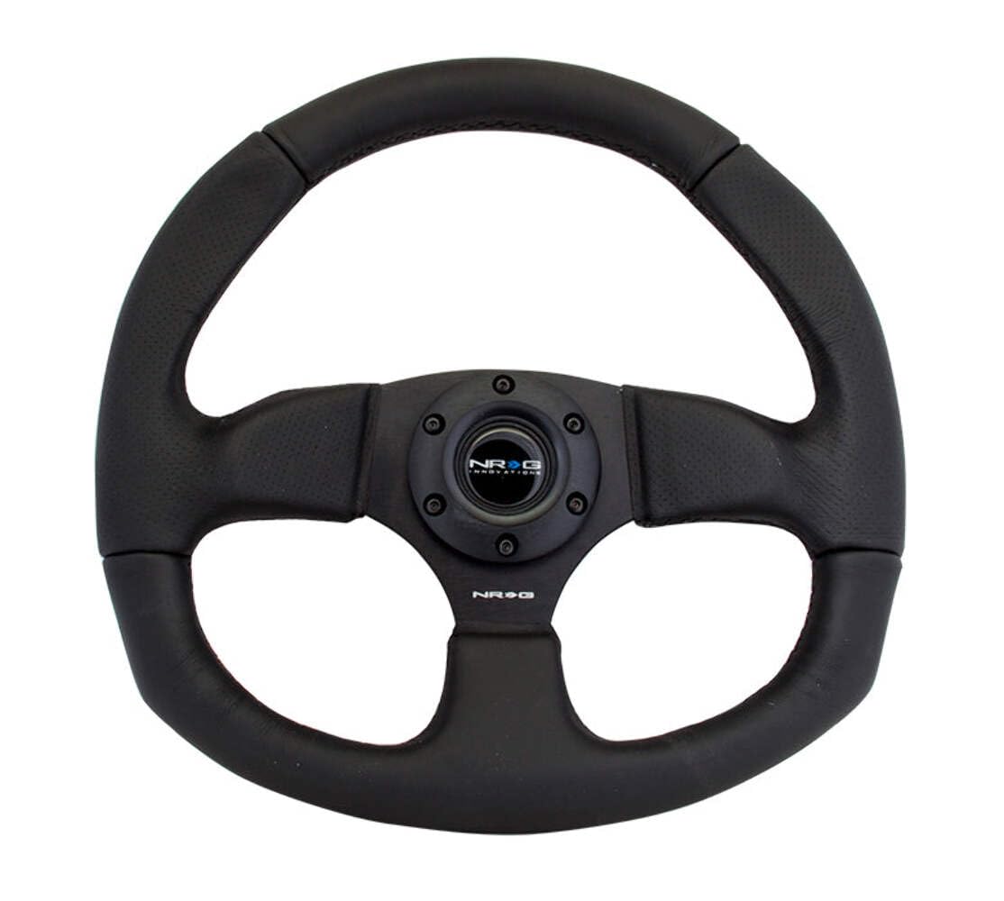 NRG Innovations Reinforced Steering Wheel NRG-RST-009R Leather Steering Wheel With/Black Stitch/Black Leather/Spoke D-Shape Flat Bottom 320 MM / 330 MM