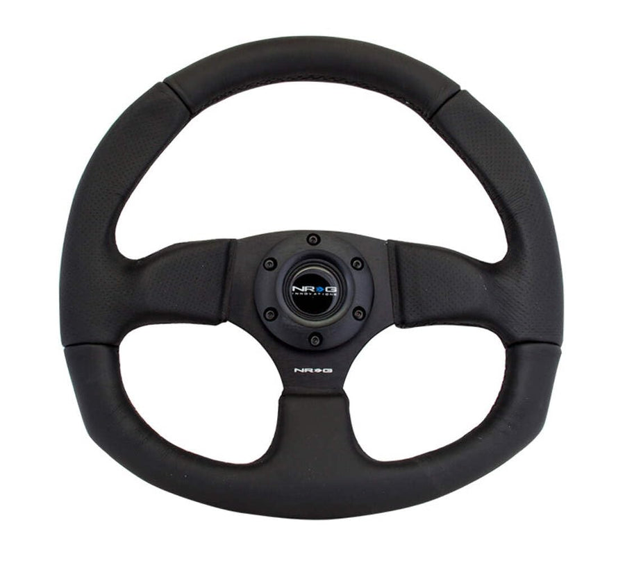 NRG Innovations Reinforced Steering Wheel NRG-RST-009R Leather Steering Wheel With/Black Stitch/Black Leather/Spoke D-Shape Flat Bottom 320 MM / 330 MM