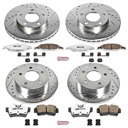 Power Stop K1302-26 Z26 Carbon Fiber Brake Pads Front and Rear with Drilled and Slotted Brake Rotors Kit For 1999 2000 2001 2002 2003 2004 Ford Mustang SN95 Base GT
