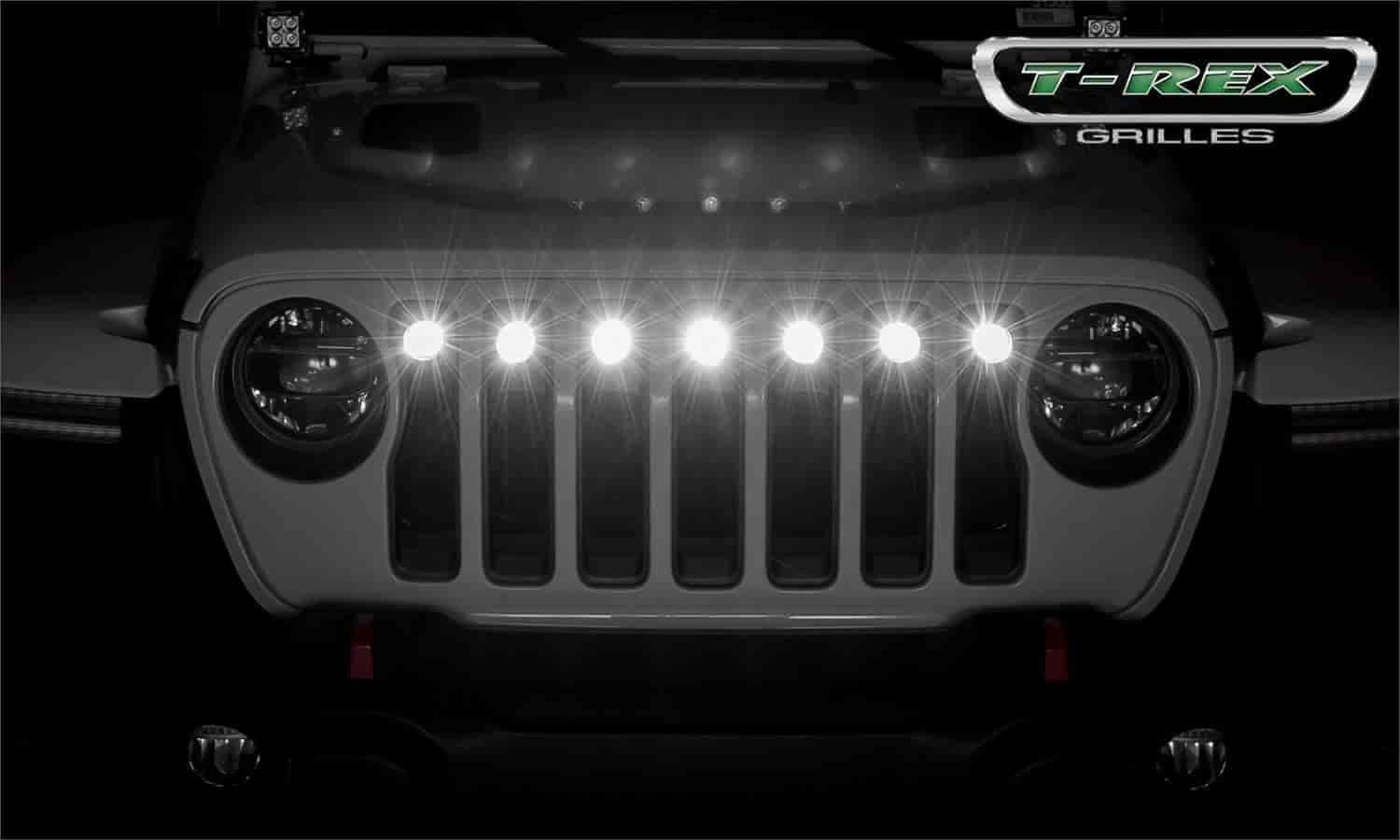 Jeep Gladiator T-Rex Grilles, JL Torch Grille, Black, 1 Pc, Insert with (7) 2 Inch LED Round Lights, Does Not Fit Vehicles with Camera - PN #6314941