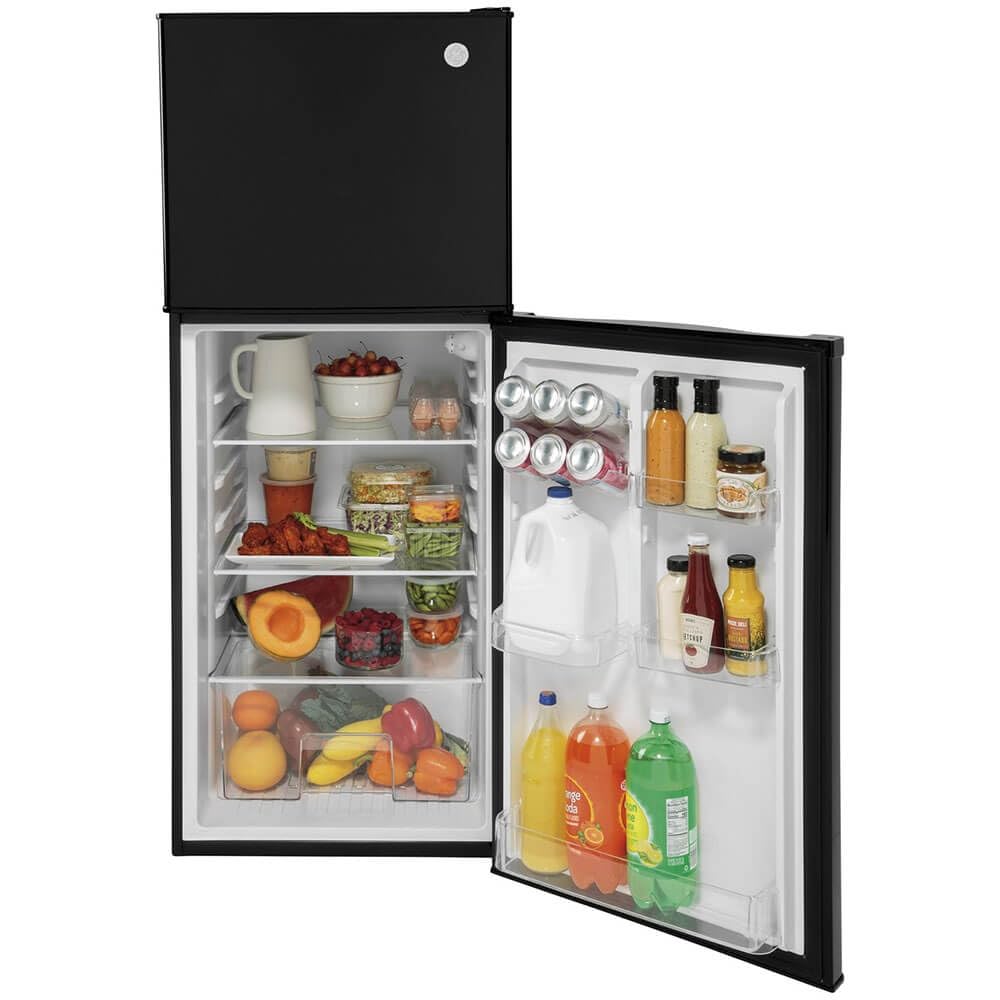 24" GE GPV10FGNBB Top Freezer Refrigerator with 9.93 cu. ft. Capacity 12V DC Power Only LED Lighting and Adjustable Spillproof Glass Shelves in Black