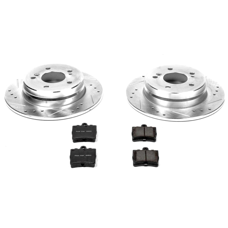 Power Stop K368 Rear Brake Pads Z23 Carbon Fiber with Drilled & Slotted Brake Rotors Kit For Crossfire, C230, C230, C240, C280, E300, SLK230, SLK280, SLK300, SLK320 [Model Specific]