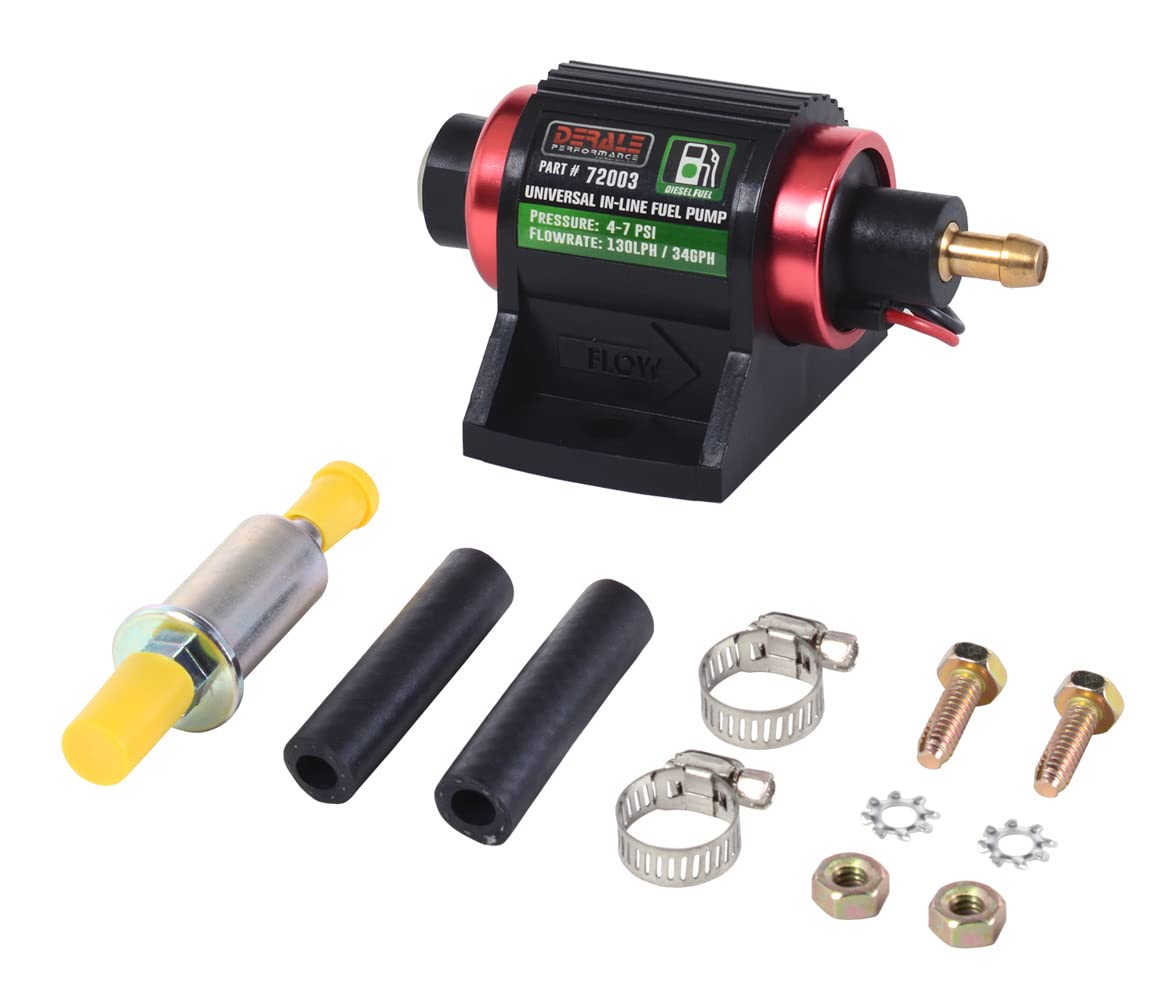 Derale Electric Fuel Pump, In-Line, 34 gph at 7 psi, 1/8 in NPT Female Inlet, 3/8 in Hose Barb Outlet, Aluminum, Red/Black Anodized, Diesel, Kit