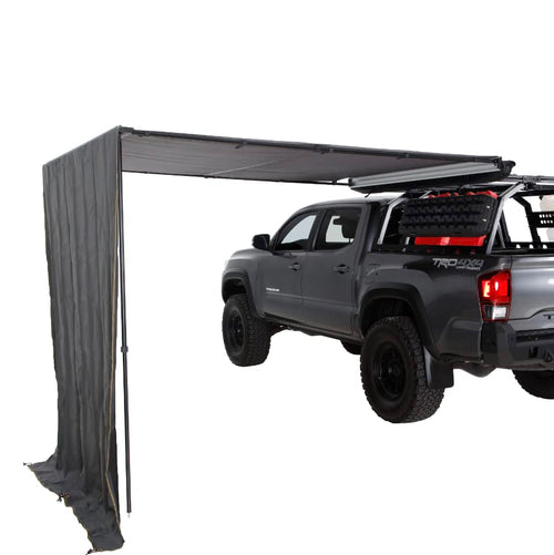 Nomadic Overland Vehicle Systems 6.5’ Awning Shade Wall - 280G Poly Cotton Rip Stop Grey Body, Green Trim - C Channel Attachment - Included Storage Bag